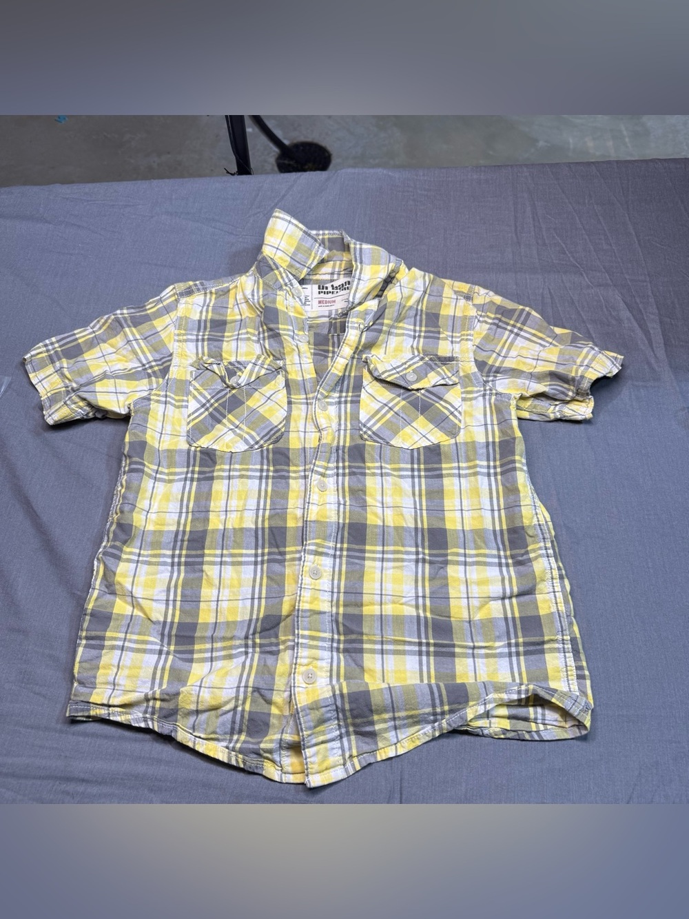 urban pipeline Yellow and Gray Plaid Short Sleeve Button-Down Shirt